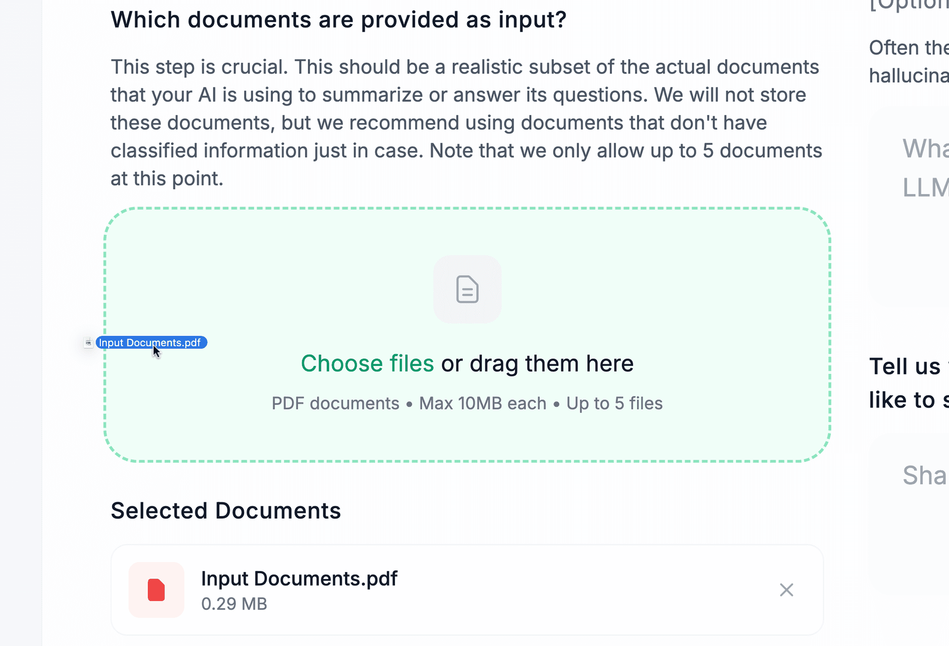 Document upload interface showing PDF file selection